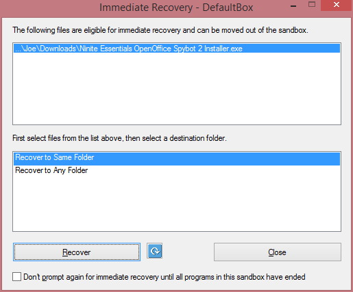 Choose "Close" to avoid the file leaving the Sandbox.